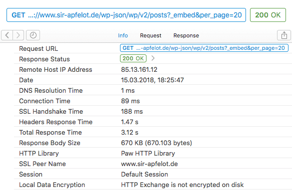 Auch Informationen zum Aufruf der API lassen sich in Paw einsehen. Hier: zum Beispiel IP, HTTP Status Code, Größe der gelieferten Daten, Dauer der Übertragung und einiges mehr.