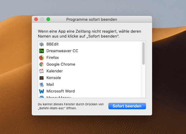 Der Dialog, um Programme sofort zu beenden, läßt sich mit dem Tastaturshortcut CMD + ALT + ESC öffnen.