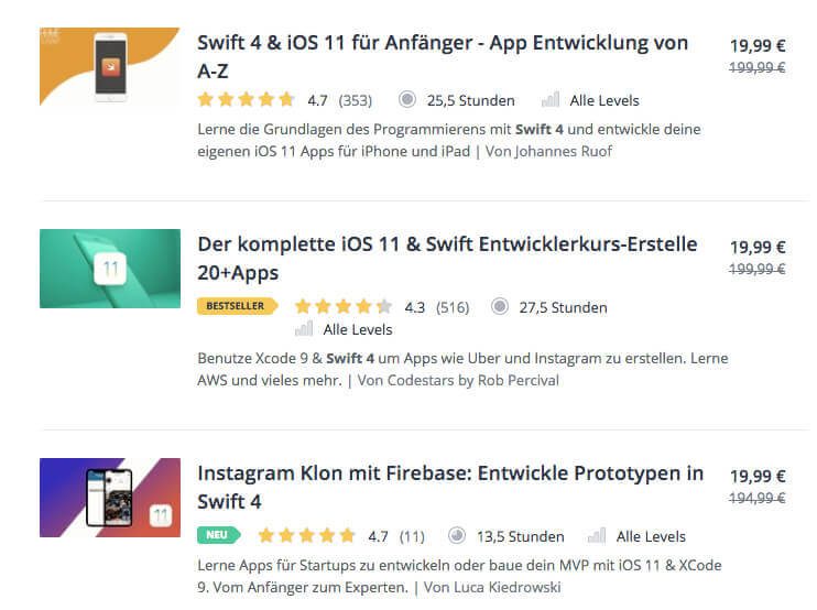 Udemy is actually international, but there are even numerous German courses on Swift that cover programming for iPad, iPhone and Mac (prices on the screenshot may of course have changed in the meantime!).