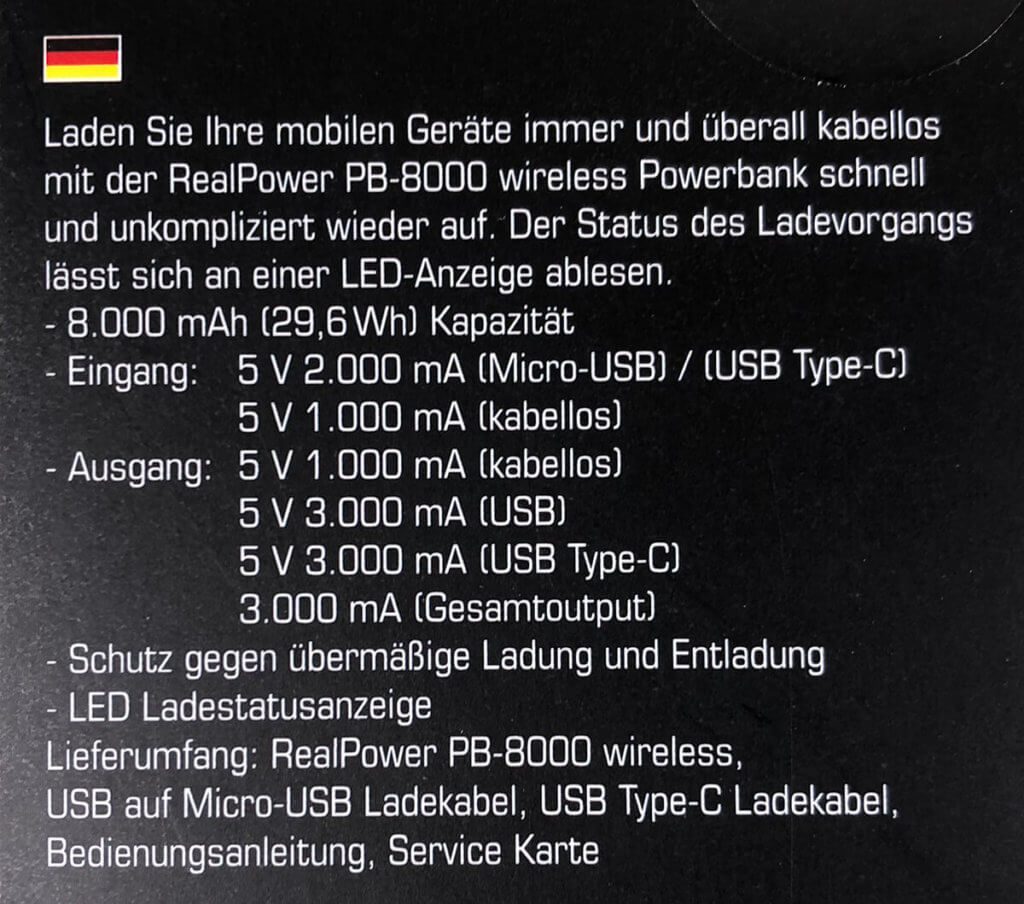 The technical data is also briefly summarized on the packaging.
