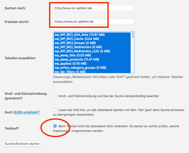 Das WordPress Plugin Better-Search-Replace erlaubt das Suchen und Ersetzen in allen WordPress Datenbank-Tabellen.
