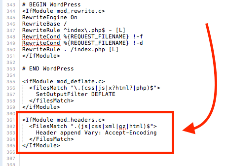 In meiner htaccess Datei ist nicht nur der Standard-Block von WordPress (oben) sondern auch noch ein Eintrag von einem Caching-Plugin. Was wir eingefügt haben, ist aber nur der rot umrahmte Block unten.
