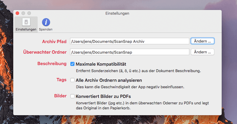 In den Einstellungen des Programms kann man diverse Optionen einstellen. Besonders wichtig ist aber die Festlegung der beiden Ordner "Archiv-Pfad" und "Überwachter Ordner".