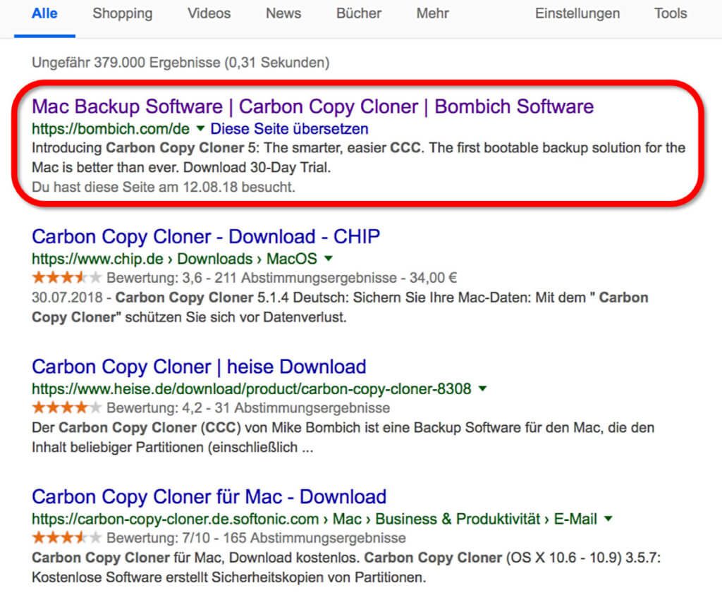 Ein Carbon Copy Cloner Download von CHIP, heise oder Softonic? Geht lieber auf die Seite von Bombich Software.