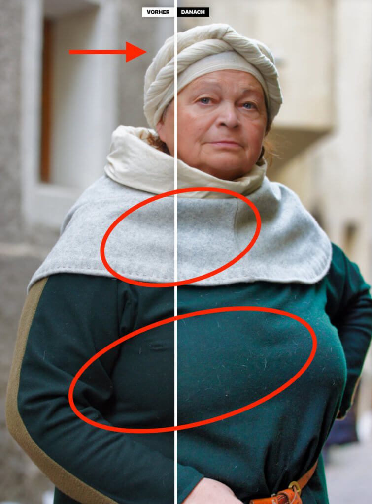 Here is an example photo, in which I find the result less good in some points: The face has become significantly better because the skin color appears more natural and the skin has been smoothed, but at the same time more structure was brought out of the clothing, which in this case is bad is. The fabric of the cloak is less soft, but rather blotchy, and the lightening and sharpening of the robe made many small animal hairs visible (Photo: rottonara / Pixabay).