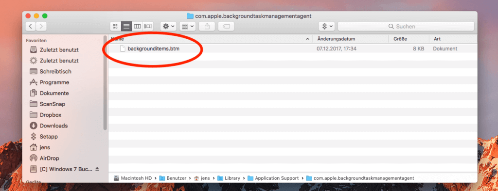 Und hier gilt es, die Datei backgrounditems.btm zu löschen, um die beim Anmelden zu startenden macOS Apps wieder aufrufen zu lassen.
