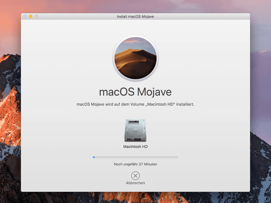 Schnelle Installation: in 27 Minuten ist Mojave bei mir auf der Systemplatte installiert.