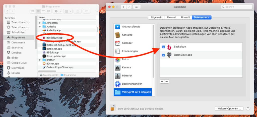 In the last step, we open a Finder window with the "Applications" folder and drag the "Backblaze" program icon from it onto the window with the programs that already have full access to the hard drive.