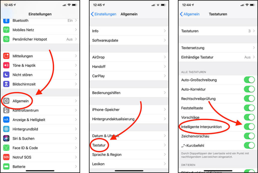 Auch an iPhone und iPad läßt sich die ungewollte Umwandlung doppelter oder dreifacher Bindestriche abschalten, indem man im Einstellungsbereich "Tastatur" die intelligente Interpunktion deaktiviert.