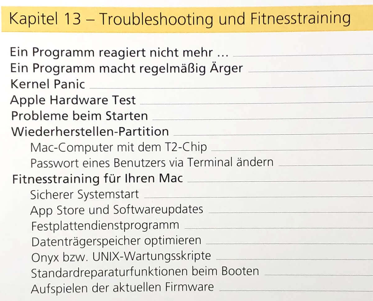 Das Kapitel "Troubleshooting und Fitnesstraining" bietet umfangreiche Hilfe bei der softwareseitigen Reparatur und Wartung des Macs.