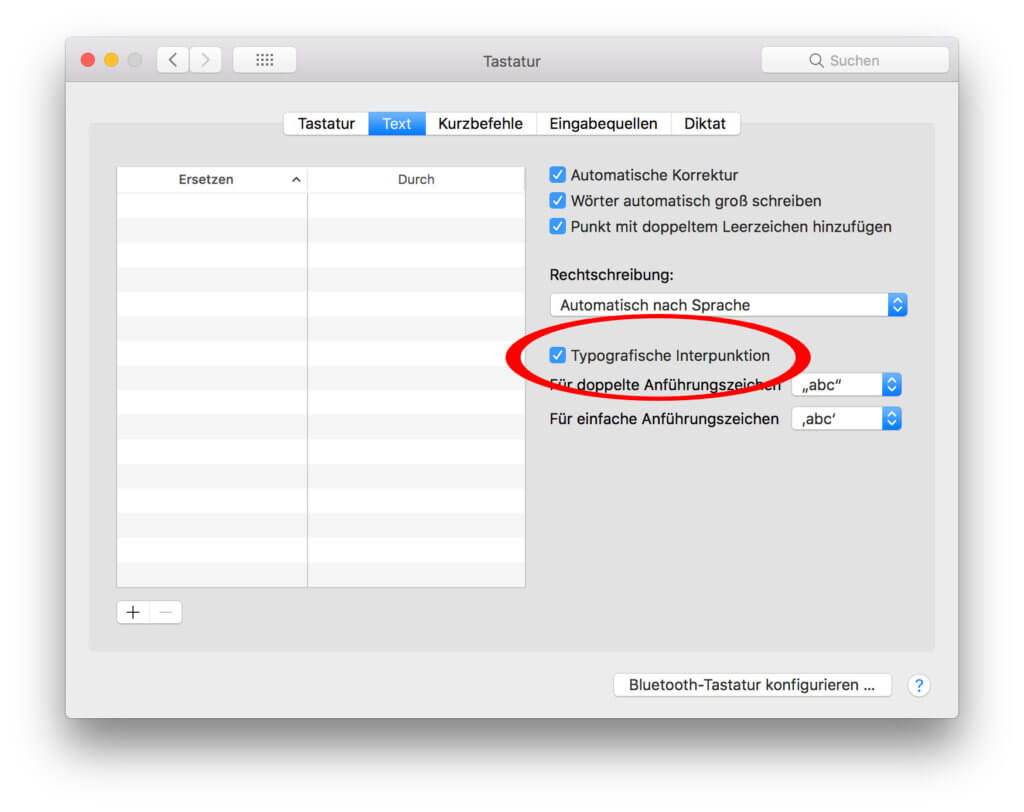 Eine Lösung besteht im Deaktivieren der Einstellung „Typografische Interpunktion“. Das bringt aber Nachteile mit sich.