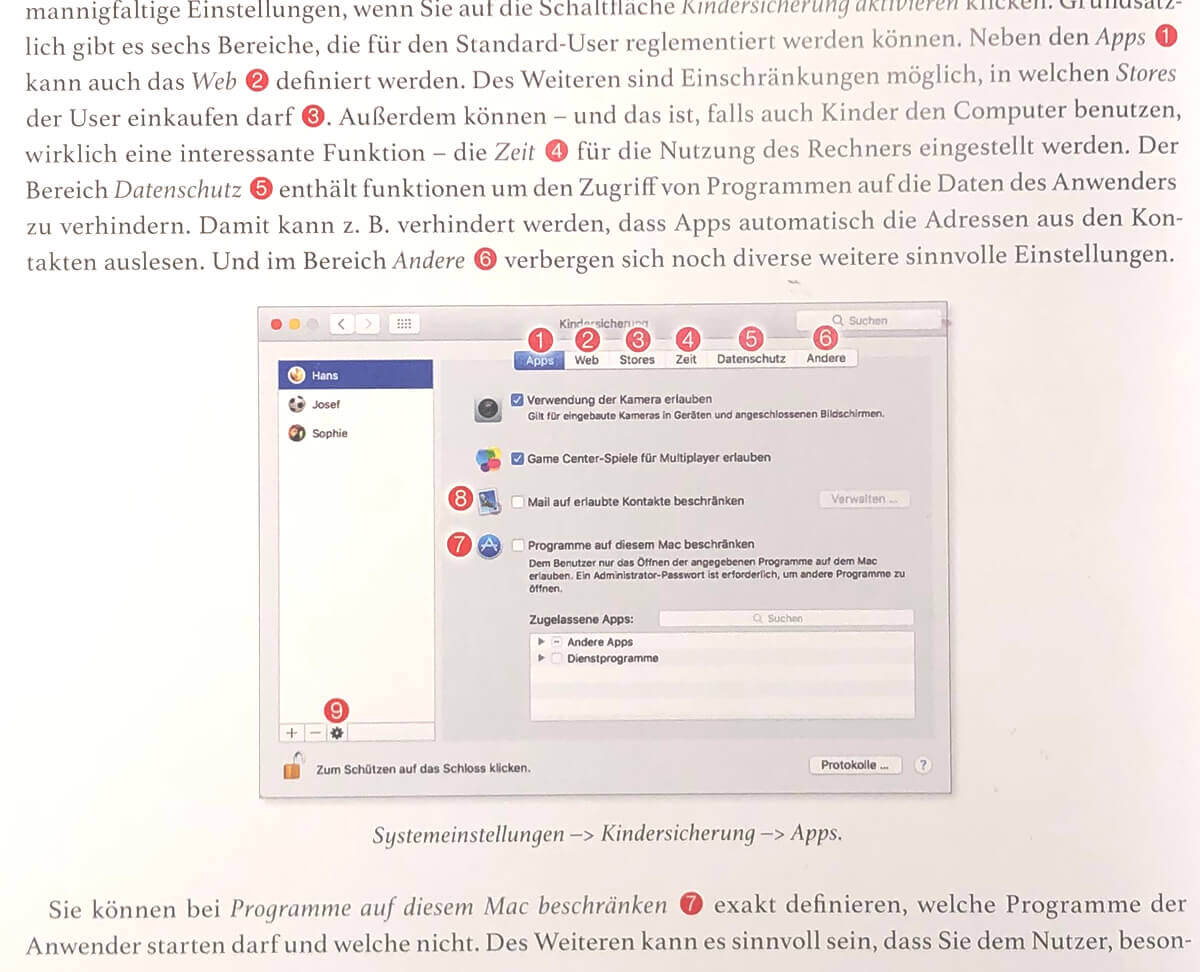 Mit vielen Screenshots und entsprechenden Markierungen finden sich auch Mac-Neulinge schnell in den Einstellungen und Menüs von Mojave zurecht. Die schlechte Lesbarkeit im Bild liegt nicht am Druck, sondern an meiner Fotografie.