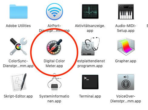 Die Apple-Lösung zur Farbermittlung nennen sich "Digital Color Meter" und ist im Ordner Dienstprogramme zu finden.