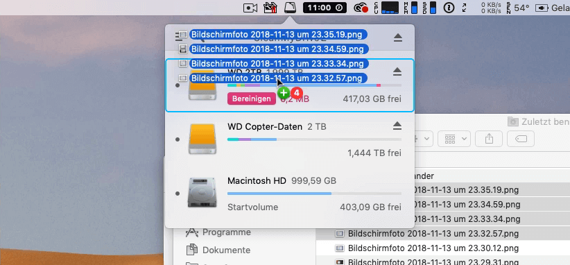 Man kann im Finder Dateien direkt auf die einzelnen Volumes ziehen, um Dateien dort hin zu kopieren. Das kann unter Umständen recht praktisch sein.