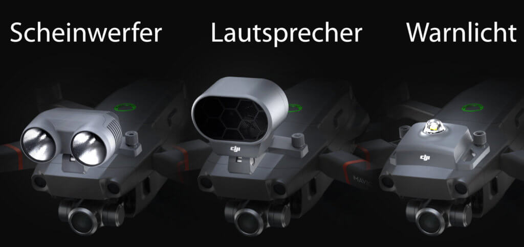Gli accessori DJI Mavic 2 Enterprise includono un faro M2E, un altoparlante M2E e una spia di collisione M2E. Fonte immagine: DJI