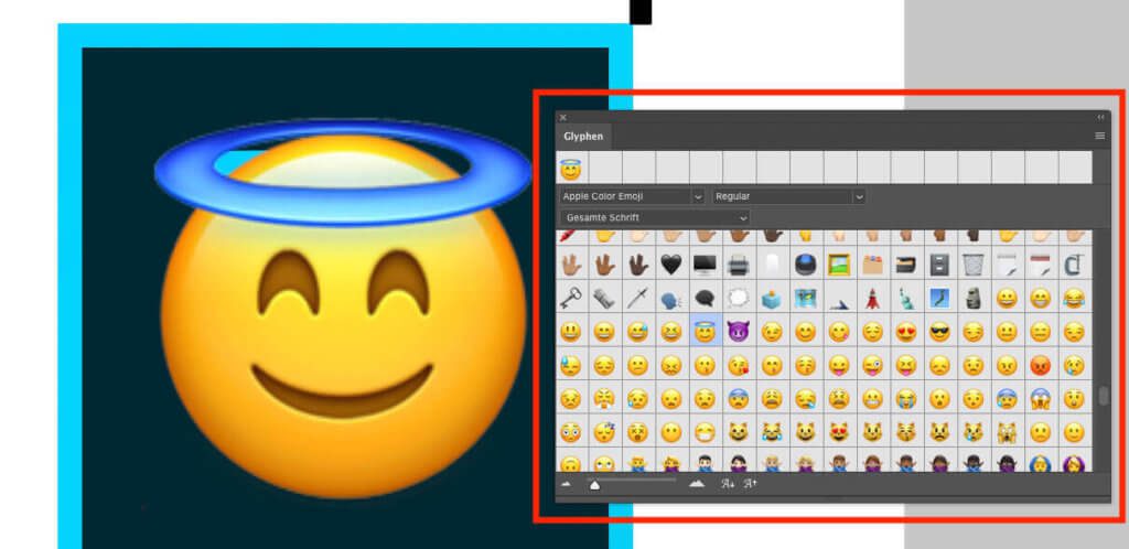 Das Fenster mit den "Glyphen" öffnet sich, sobald man eine der Emoji-Schriftarten ausgewählt hat. 