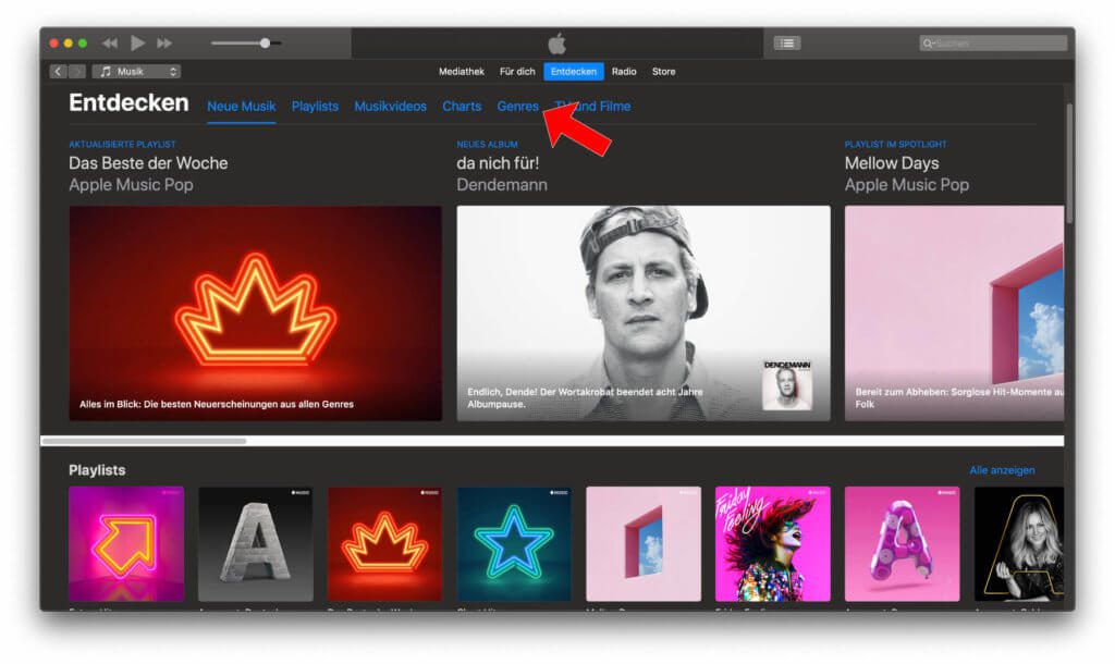 Hörbücher und Hörspiele bei Apple Music finden am Mac: Als erstes öffnet ihr die macOS-App iTunes und klickt darin auf den Reiter „Entdecken“ sowie im Anschluss auf den Menüpunkt „Genres“.