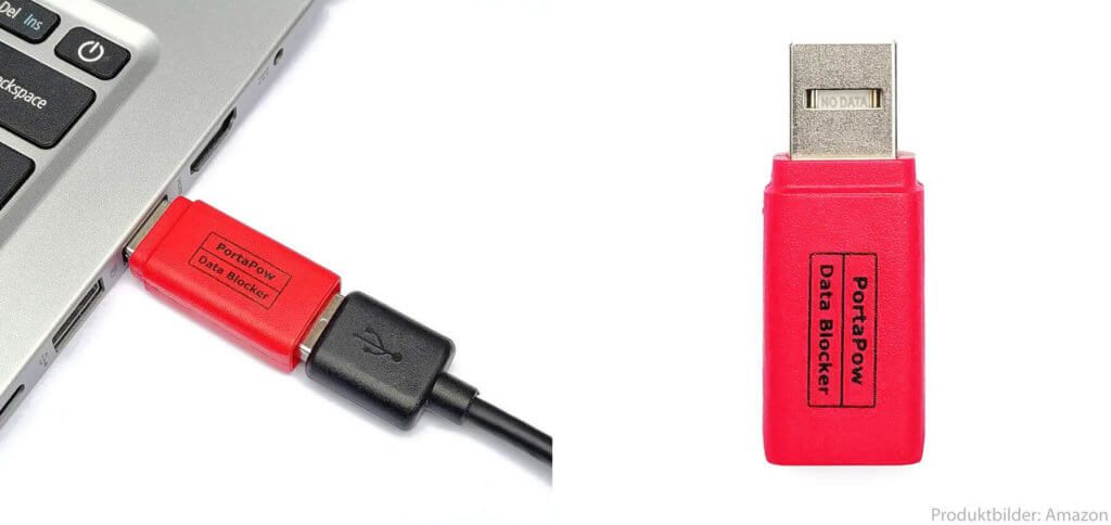 The PortaPow SmartCharge adapter serves as a USB condom for safe charging without data exchange. Ideal for airports, hostels, conferences and third-party computers.