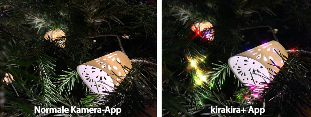 Anche il primo piano dell'albero di Natale sembra un po' meglio con KiraKira.