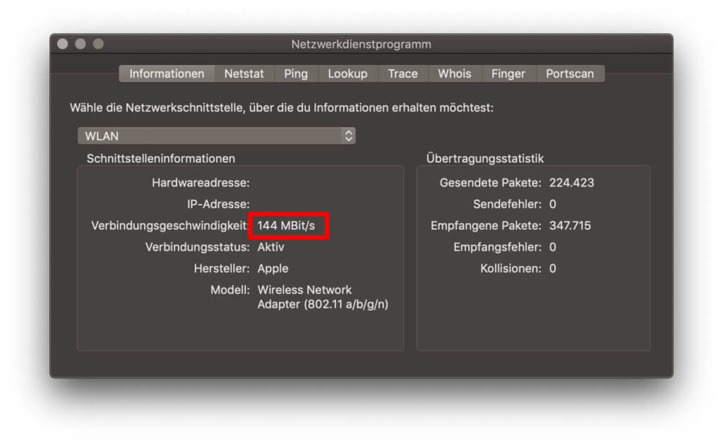 In the network utility you can see a lot more information and find more web functions of macOS. The connection speed can also be read here.