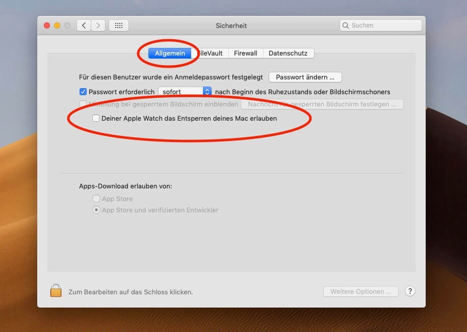 Anschließend setzt ihr das Häkchen bei „Deiner Apple Watch das Entsperren deines Mac erlauben“.