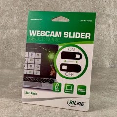 Auf dem Foto sieht man die Packung mit den zwei inLine Webcam-Abdeckungen (Fotos: Sir Apfelot).
