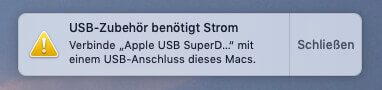 Das Apple SuperDrive möchte lieber direkt mit dem Mac verbunden werden.