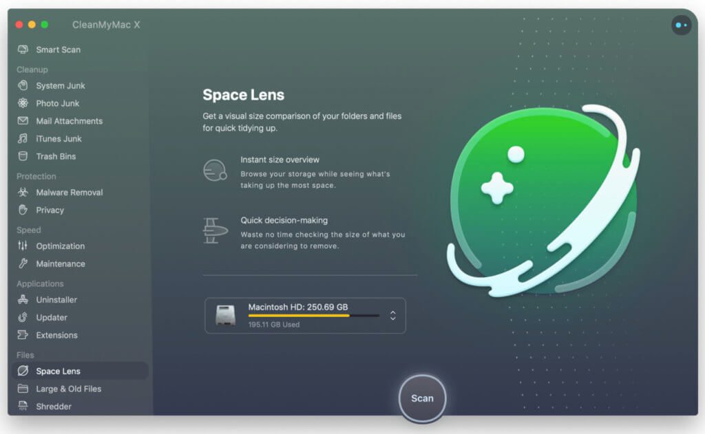 CleanMyMac X Space Lense, ein neues Modul für die Reinigungs-App, um Speicherräuber und Datenmüll ausfindig zu machen.