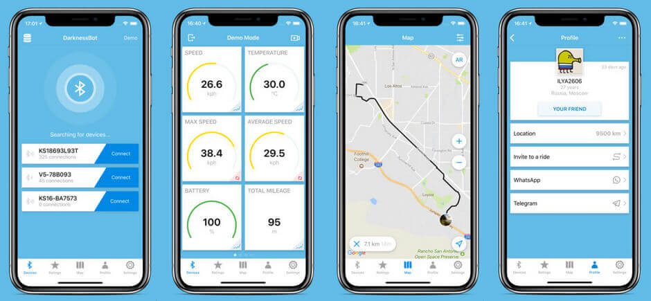 Die App DarknessBot loggt während der Fahrt die Leistungsaufnahme des Motors, Temperatur der Elektronik, Geschwindigkeit und vieles mehr mit. Es gibt auch eine Apple Watch App, auf der man sich dann einen beliebigen Wert einblenden kann, während man fährt.