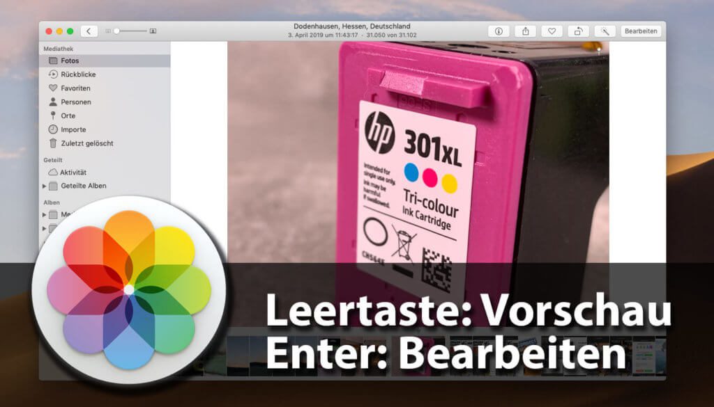 Englich wieder korrigiert: Die Tastenkürzel für Vorschau und Bearbeiten in der Fotos-App am Mac.