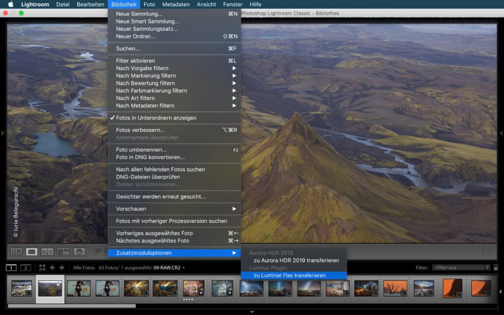 Selezione del plug-in Skylum Luminar Flex tramite Lightroom su macOS.