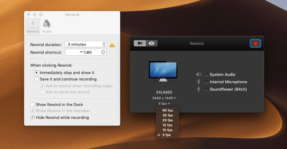 Länge der Aufnahme, Auflösung, Bildrate und mehr lassen sich in den Einstellungen festlegen.