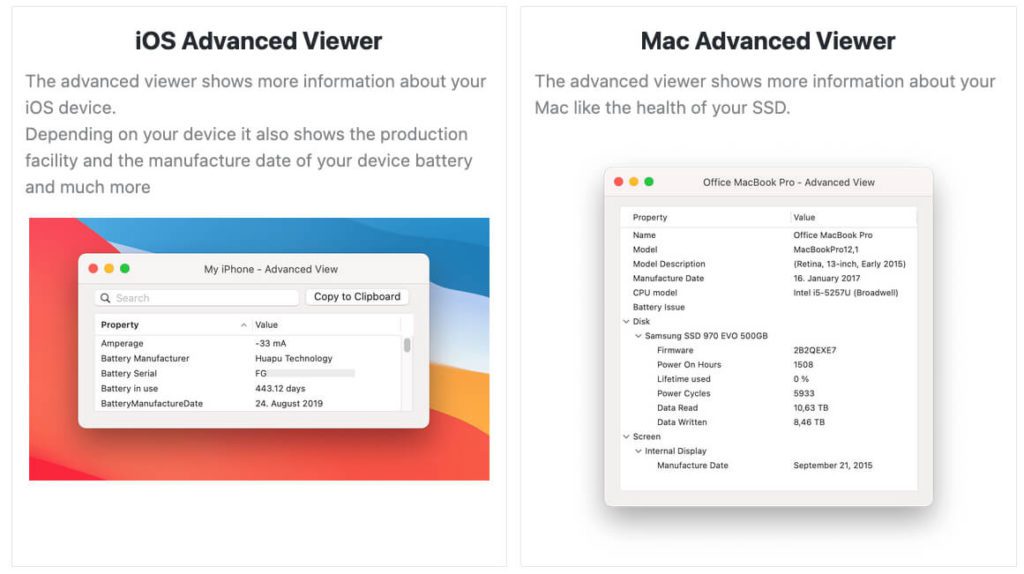 Der Advanced Viewer von coconutBattery entlockt mehr Daten über das iPHone, iPad oder den Mac.