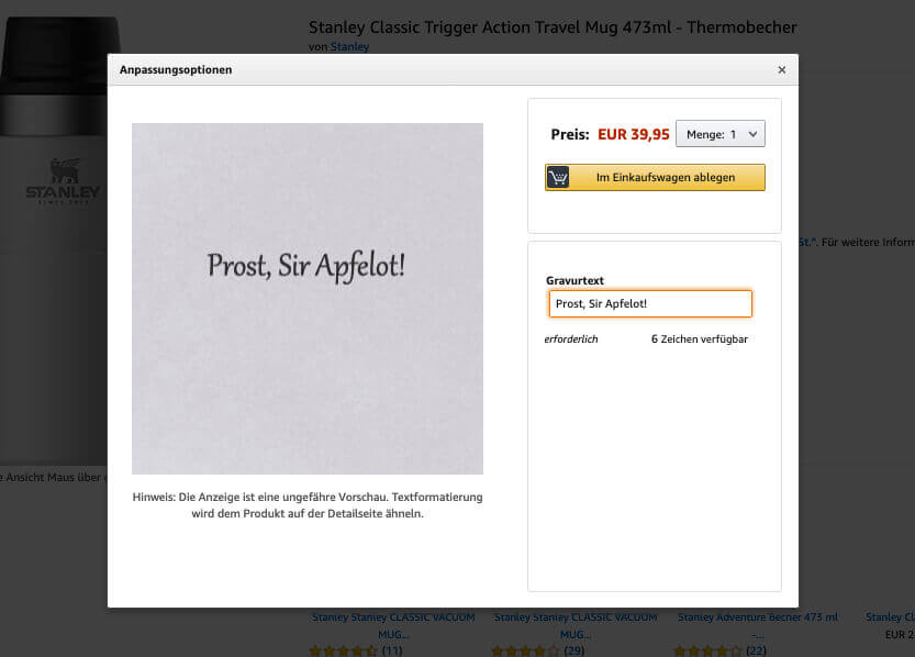 Bestellt man bei Amazon die Variante mit Gravur, kann man den Text (Emojis sind nicht erlaubt!) im Warenkorb definieren.