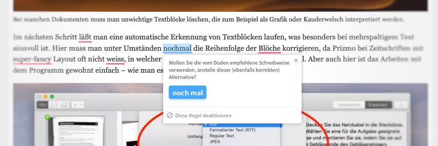 LanguageTool markiert die entsprechenden Worte im Text und mit einem Klick auf das Wort, öffnet sich ein Fenster mit Hinweisen und Optionen.