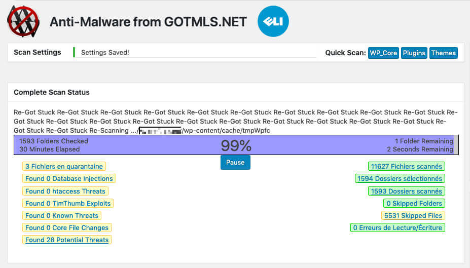 Das Anti-Malware-Plugin kämmt den kompletten WordPress-Ordner inklusive aller Unterordner durch und zeigt, welche Malware gefunden wurde und welche Dateien potentiell verdächtig aussehen.