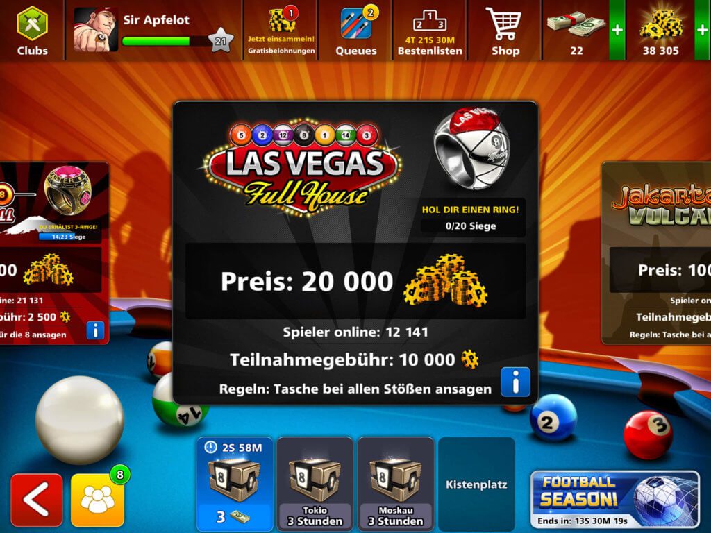 Wer in Las Vegas Pool Billard spielen möchte, muss erstmal 10.000 Euro in Spielwährung auf den Tisch werfen.