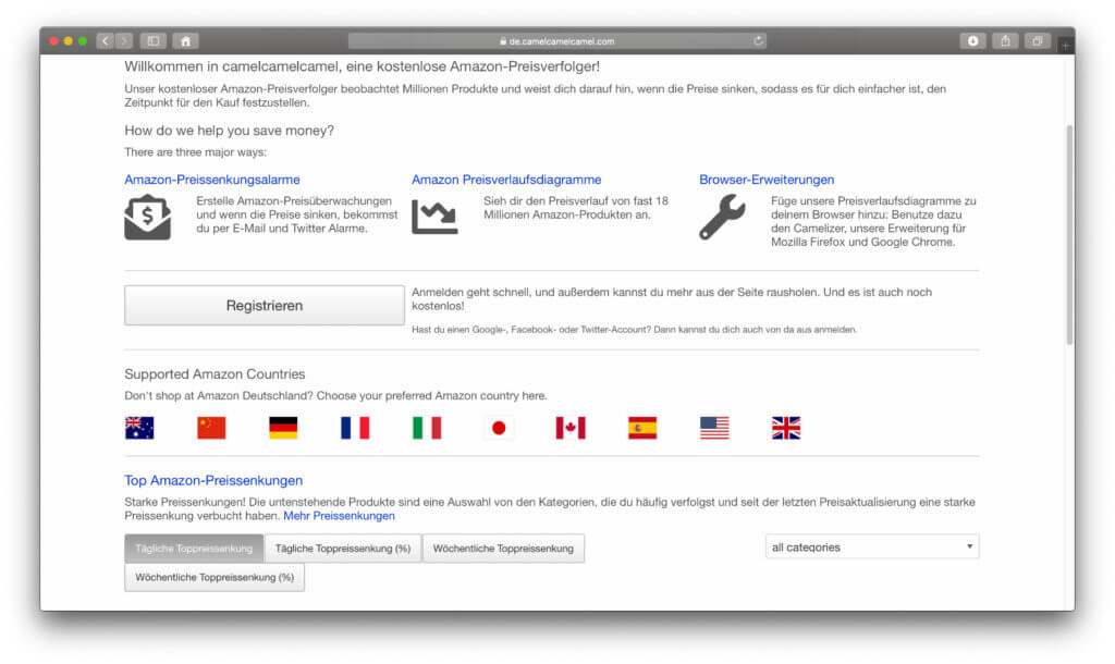 Die CamelCamelCamel-Seite ist nicht der modernste Amazon Price Tracker, aber das Original in diesem Bereich. Einige der Camel-Funktionen wie Preis-Diagramme sind auch ohne Anmeldung verfügbar.