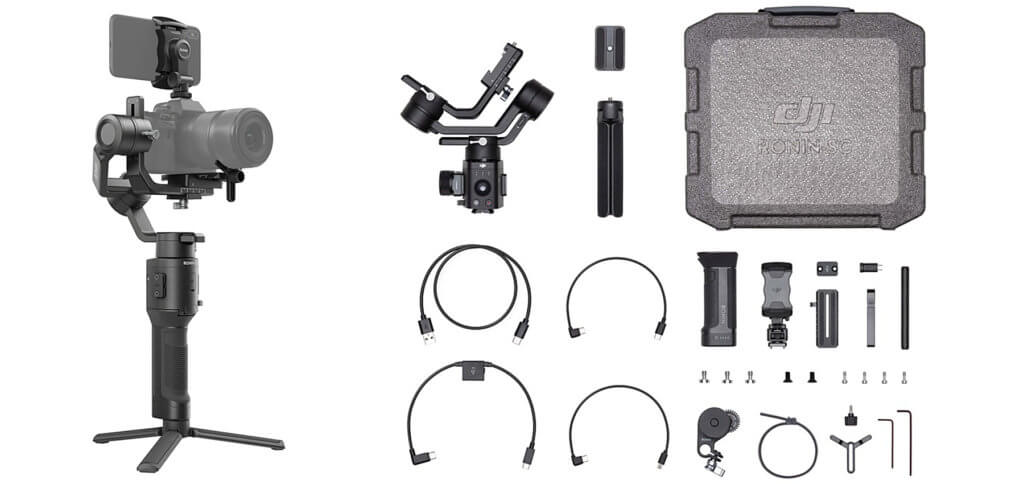 La dotazione di DJI Ronin-SC nella versione Pro Combo. Sono inclusi anche i controlli per la rotella di messa a fuoco sull'obiettivo della fotocamera.