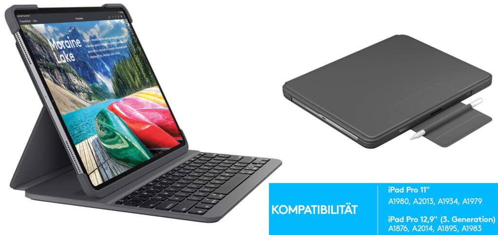 Puoi trovare vantaggi e svantaggi dai rapporti di test ed esperienza di Logitech Slim Folio Pro e dalle recensioni di Amazon qui. Conclusione in anticipo: una custodia per tastiera iPad Pro utilizzabile con Bluetooth, USB-C e illuminazione. Immagini: Logitech / Amazon.de