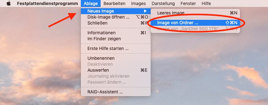 Mit dem Festplattendienstprogramm kann man am Mac über den Befehl "Image von Ordner" eine DMG-Datei erzeugen.