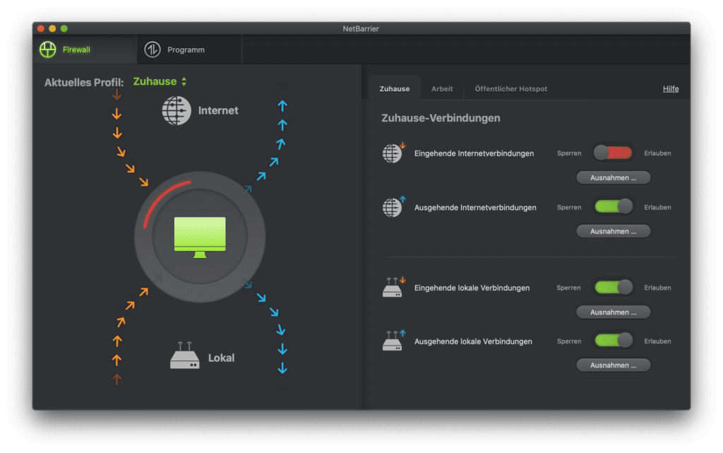 Intego NetBarrier's interface has nice animation (the arrows move) but few explanations. With the new test in 2022, I had to play around a bit to get everything set up correctly (and to allow apps like Dropbox to communicate with the server with protection enabled).