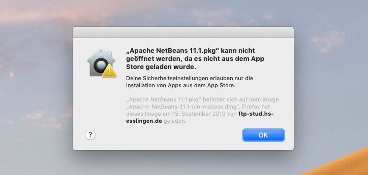 So sieht es aus, wenn der Gatekeeper einem den Zugriff auf ein Programm komplett untersagt.