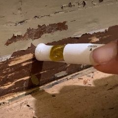 Nun reibt man den Tupfer möglichst über alle verschiedenen Farbschichten, um alle zu testen.