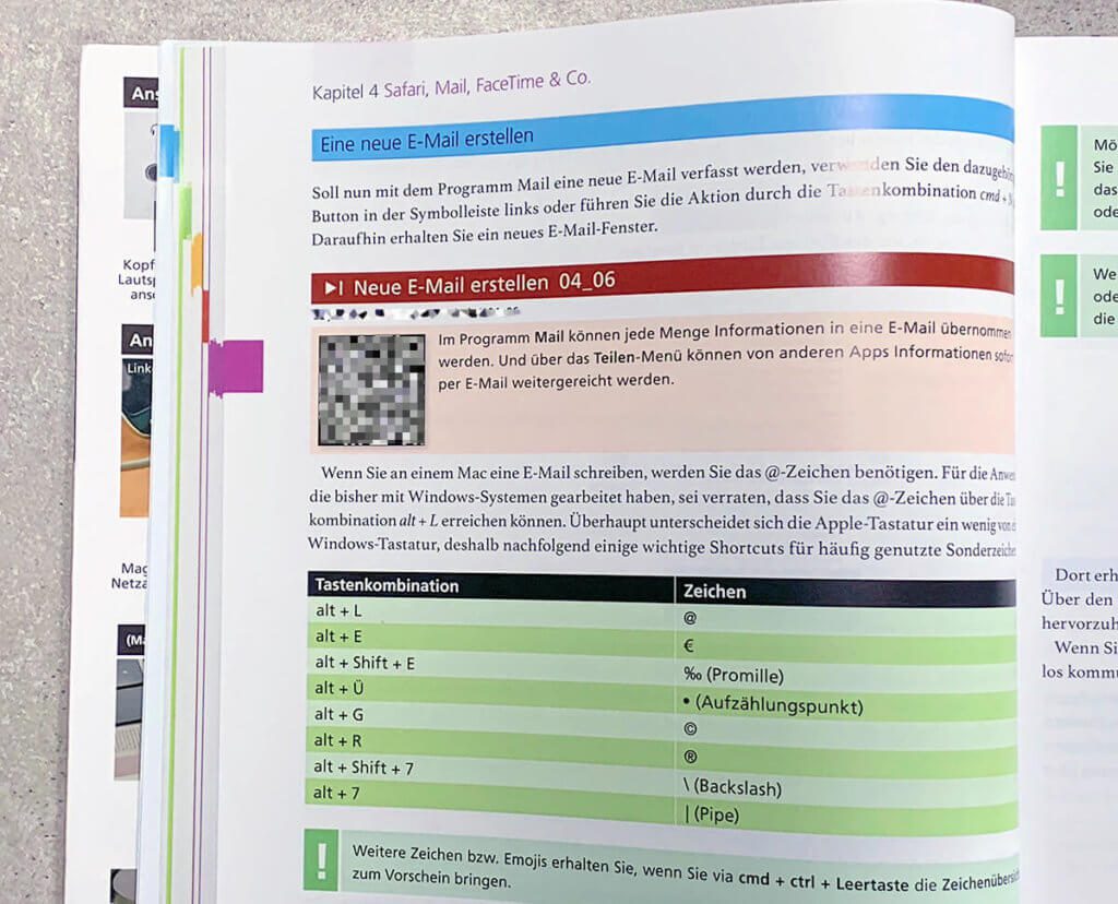 Here you can see, using the example "Create new email", how to get to the video via the QR code. In some chapters, despite the extensive videos, you can still find comprehensive information on the topic, such as the keyboard shortcuts here. But unfortunately not always ...