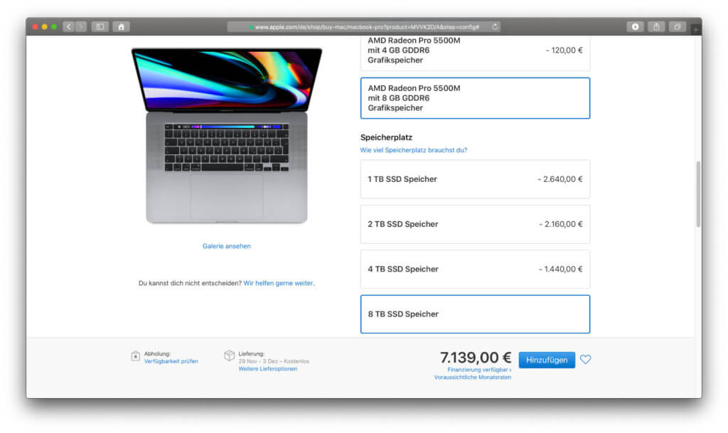 Mit einem Preis ab 2.699 Euro ist das Gerät kein Schnäppchen. Für die leistungsstärkste Ausstattung verlangt Apple 7.139 Euro.