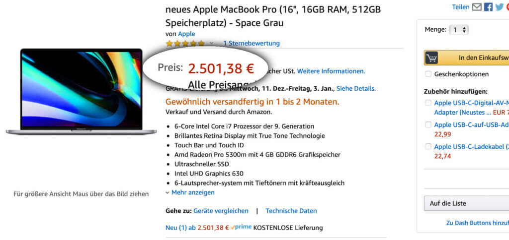 Bei Amazon könnt ihr das neue MacBook Pro 16" mit 16 GB RAM günstiger kaufen. Leider nur mit langer Warte- bzw. Lieferzeit.
