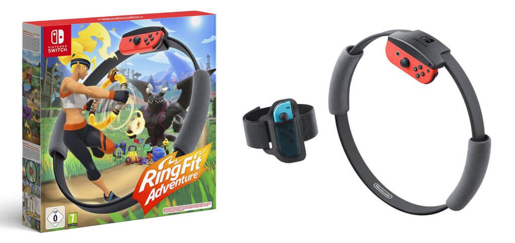 Nintendo's "Ring Fit Adventure" for the Nintendo Switch brings the Ring-Con and a leg loop into which the Joy-Cons are inserted. Training units are then used to achieve success in RPG games, mini-games and individual exercises. Images: Nintendo / Amazon
