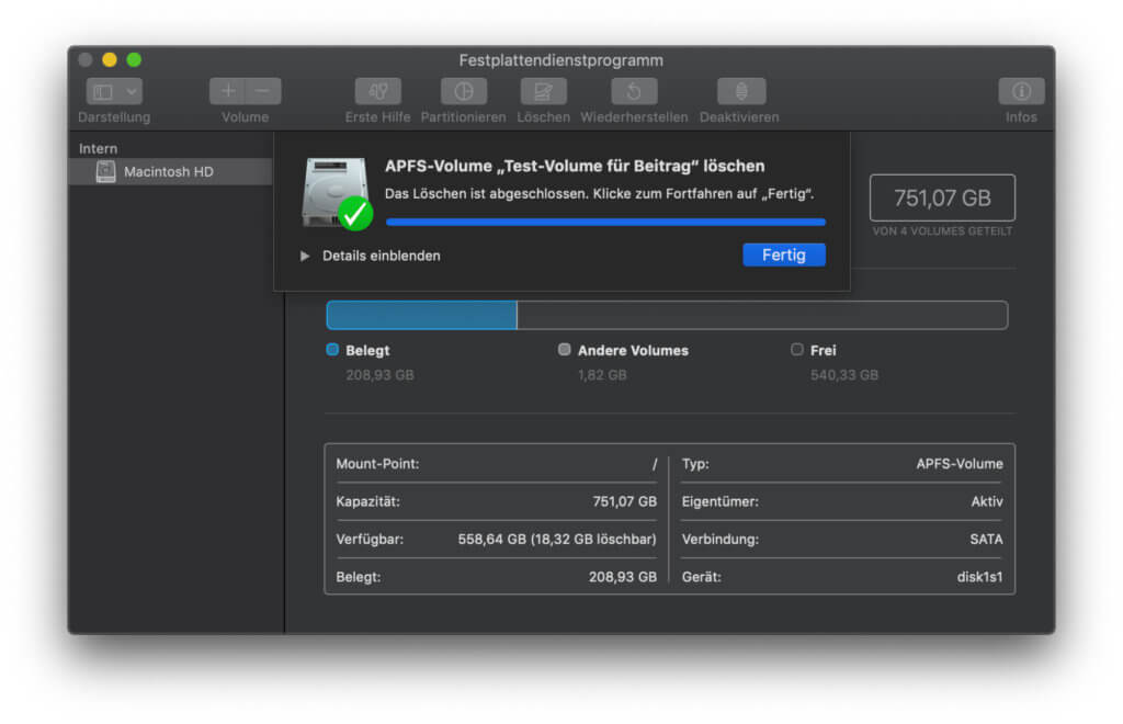 Nach dem APFS Volume löschen bekommt ihr diese Anzeige. Aber schon davor solltet ihr einen wichtigen Schritt nicht vergessen.