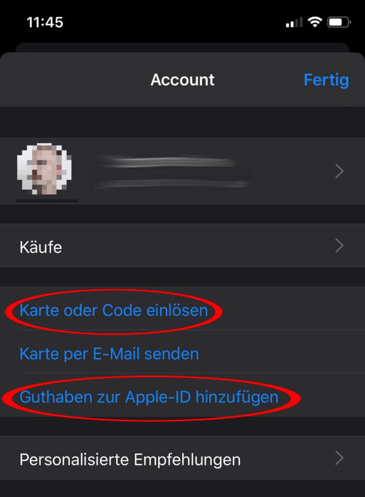 In the menus of the App Store you will find the option to redeem various cards, codes and credit.